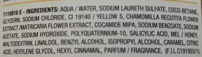 Photo de la liste d’ingrédients imprimée : Ultra doux shampooing illuminant
