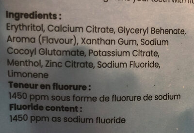 Photo de la liste d’ingrédients imprimée : Dentifrice en pastille