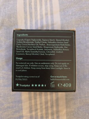 Photo de la liste d’ingrédients imprimée : Wild natural deodorant refill